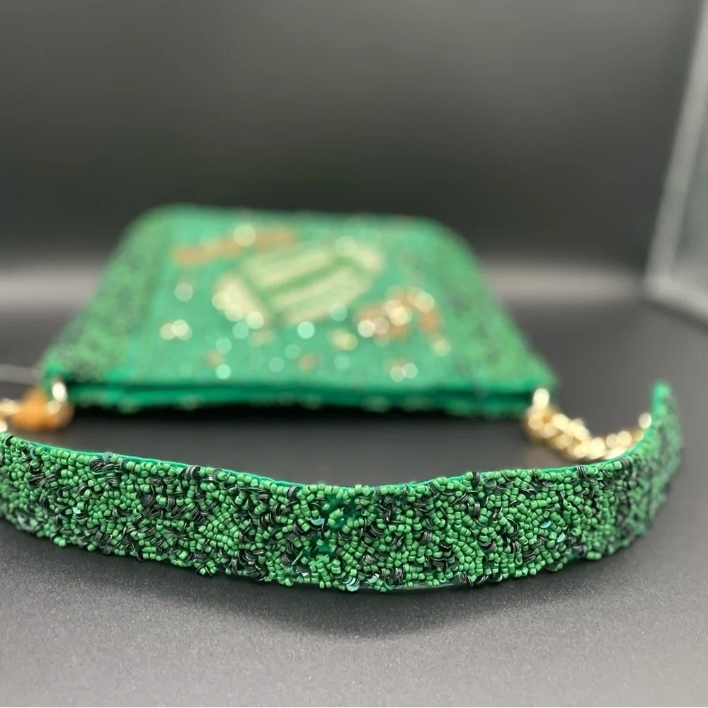 Green Beaded Go Team Football Beaded Shoulder Bag WITH Megaphone Charm